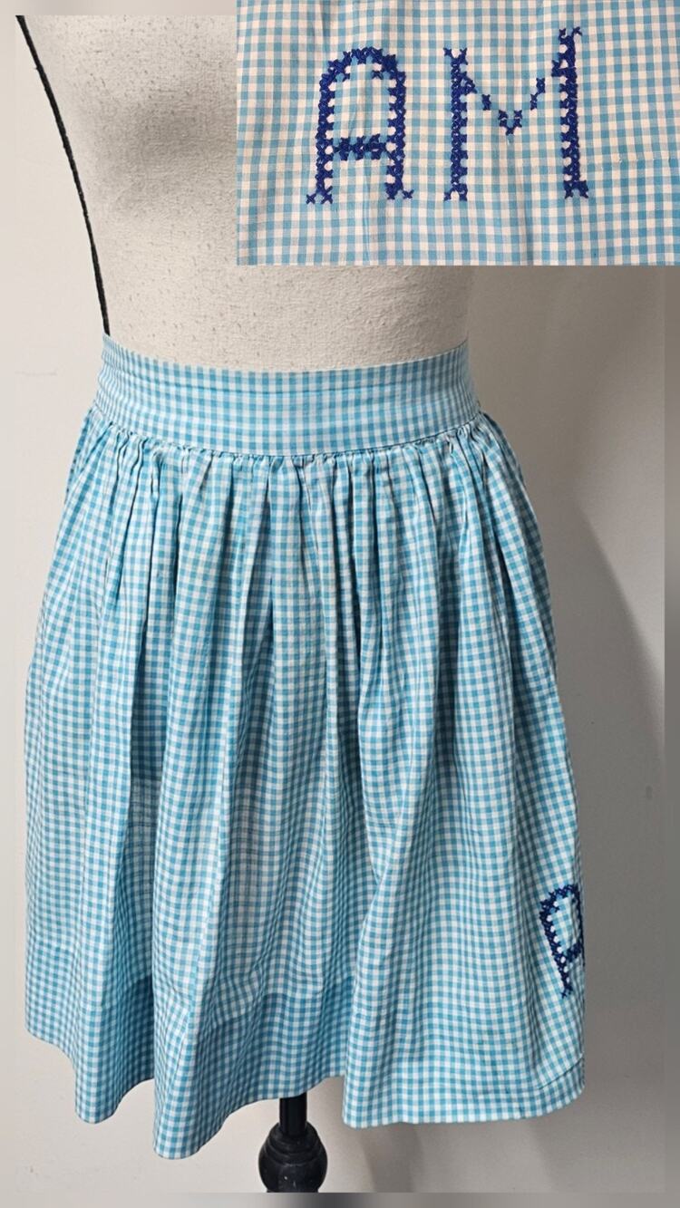 Vtg 50s Half Apron Gingham Plaid Blue Embroidered AM Cross Stitch Cottagecore